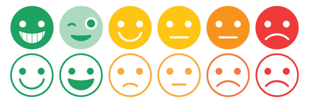 Twelve colorful round icons emotional faces very happy to very sad customer feedback satisfaction analysis vector illustration collection design