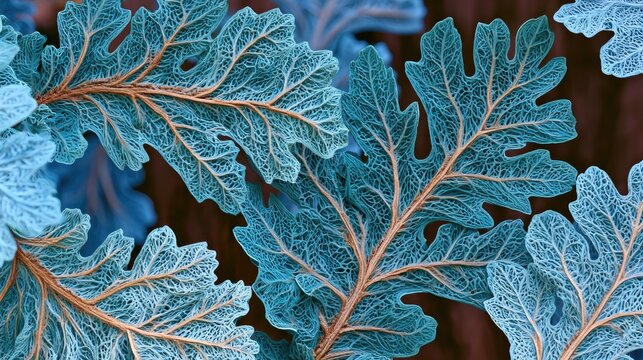 Close-up, colored scanning electron micrograph of intricately veined oak leaves
