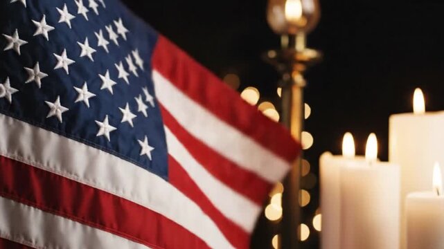 American flag waving gently beside glowing white memorial candles in a solemn patriotic tribute