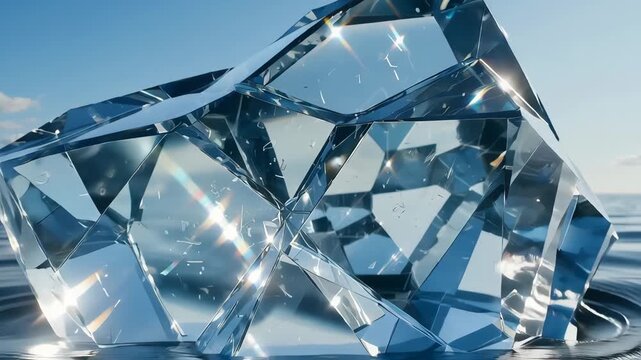 Crystal clear diamond iceberg floating and sinking in the calm ocean water with sun reflecting on its surface, symbolizing wealth, purity, and environmental change