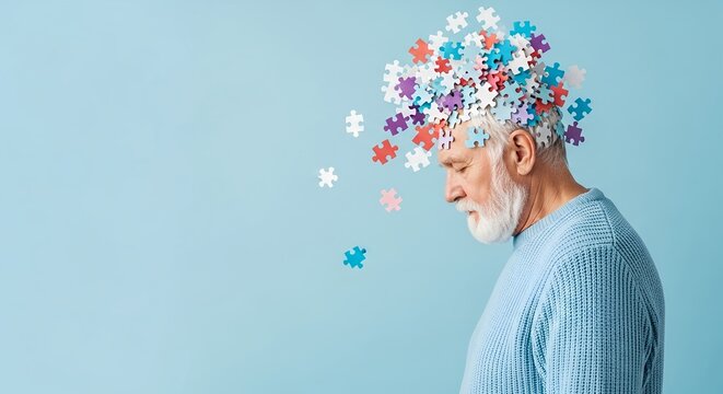 Senior man head with colorful puzzle pieces exploding outwards isolated on a plain light blue background in studio lighting