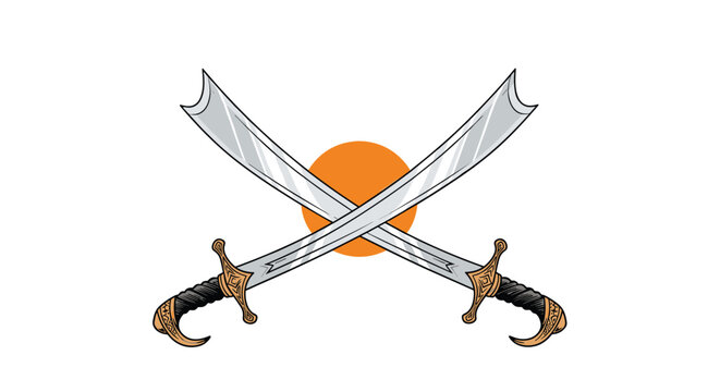 Two traditional crossed scimitar swords with curved silver blades and ornate golden handles over an orange circle background.