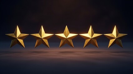 Fototapeta premium Five golden stars representing a top rating or customer service excellence displayed against a dark cinematic blurred background setting