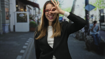 Fototapeta premium Woman in black blazer wearing red glasses forming circle with fingers over eye and sticking out tongue on street; playful confidence.