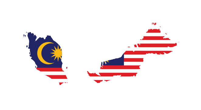 Geographical map of Malaysia divided into two parts and filled with the colors and patterns of the national flag on a white background.
