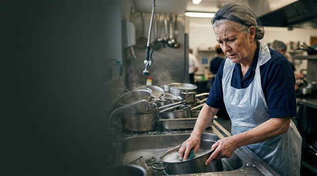 Elderly woman washing dishes in community kitchen inspiring outliving savings through hard work and perseverance