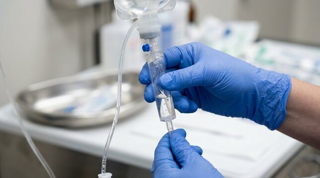IV Drip Chamber Squeezed by Gloved Fingers Priming Intravenous Fluid Line