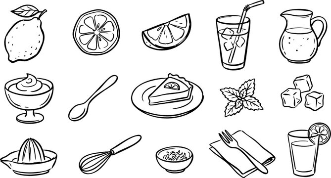 drinks and citrus hand drawn doodle set with straws lemon slices and ice cubes