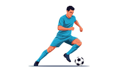 Obraz premium Dynamic soccer player in a light blue uniform dribbling a football during an intense match on a white background.