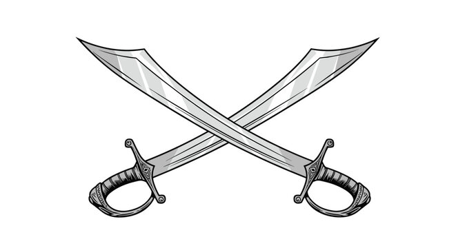 Detailed engraving style illustration of two crossed antique scimitar swords with ornate handles on white background.