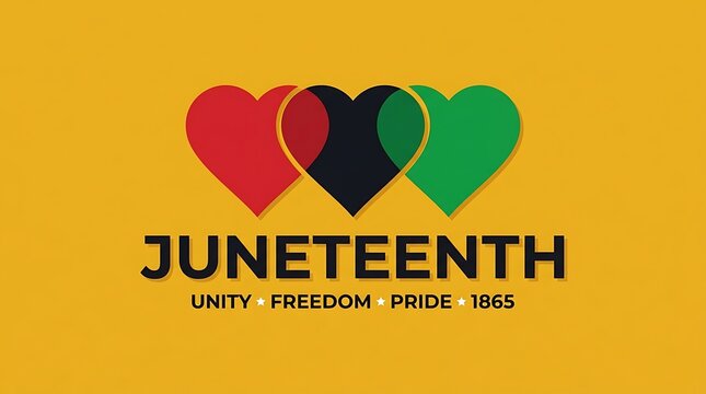 Vibrant heart design with Juneteenth text emphasizing unity, freedom, and pride.