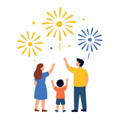 Fototapeta premium Family enjoys a fireworks display with bursting stars in the night sky