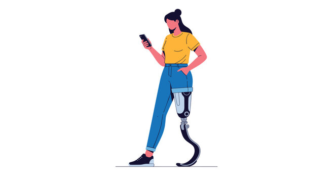 Confident young woman with a high tech bionic leg prosthesis stands holding her smartphone on white background.