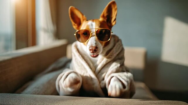 Cute dog wearing a soft bathrobe and funny sunglasses sitting relaxed on a modern elegant sofa bright indoor lighting sharp focus cozy stylish interior mood