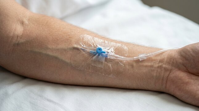 Peripheral IV Cannula Secured With Transparent Dressing on Forearm Intravenous Access