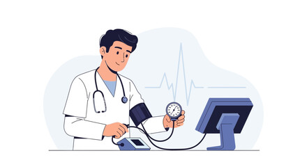 Fototapeta premium Doctor checking blood pressure with sphygmomanometer and monitor in clinic, modern medical illustration