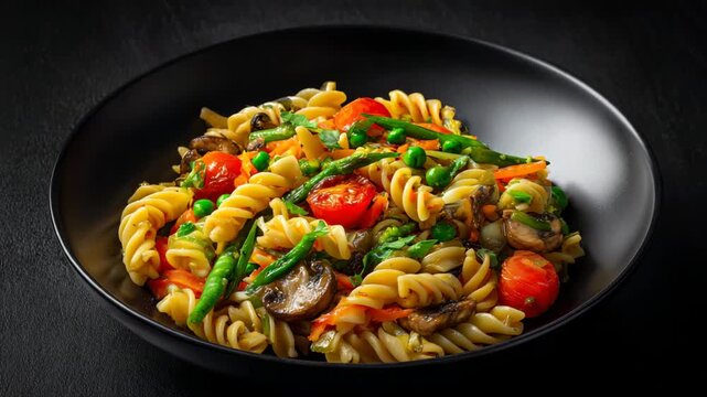 Focused shot of fusilli pasta with vegetables served in matte black bowl modern plating bright diffused lighting crisp detail minimal background