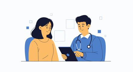 Obraz premium Doctor consulting patient, discussing medical results on a tablet, modern flat illustration with healthcare concept