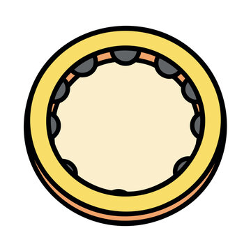 Illustration of an open tambourine with a yellow ring and dark metal jingles