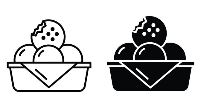 Bowl of round cookies and biscuits with bite mark icon set in outline and solid black style for food design
