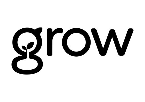 Minimalist grow typography logo featuring a creatively integrated sprouting plant within bold modern lettering. Clean black and white vector design symbolizing growth,