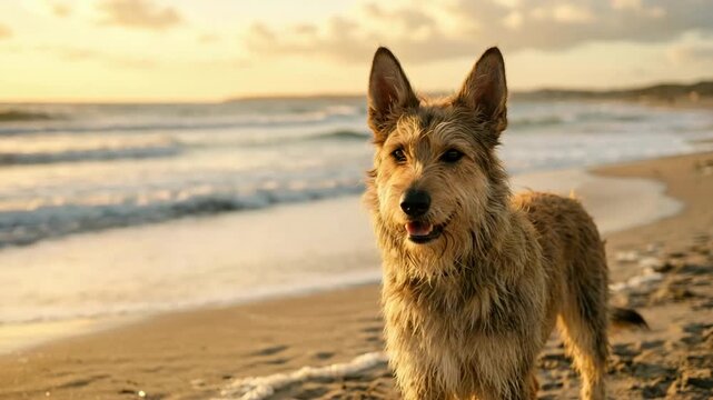 berger picard on the beach close up golden light video, dog, somme bay france