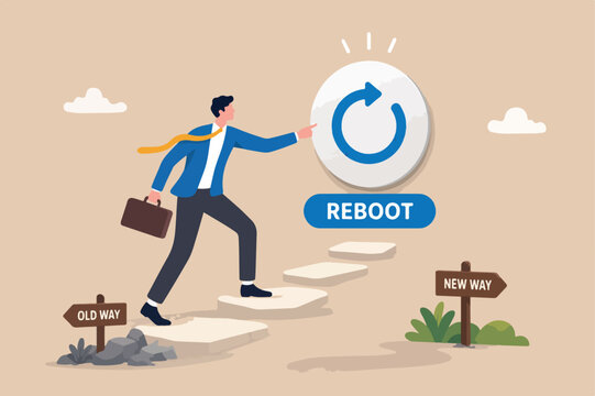 Time to reboot business or career, refresh working energy or restart new journey, change to improve outcome concept, smart businessman carefully reach his finger to press reboot or restart button