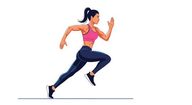 Energetic young woman in pink sportswear and leggings runs quickly on a running track, demonstrating athletic fitness.
