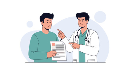 Fototapeta premium Doctor explaining medical results to a patient with a document in a modern flat vector illustration style.