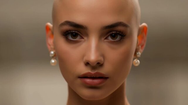 Bald woman with pearl earrings natural makeup