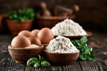 Fototapeta premium Rustic wooden bowls filled with fresh eggs, flour, and herbs on a dark wooden table