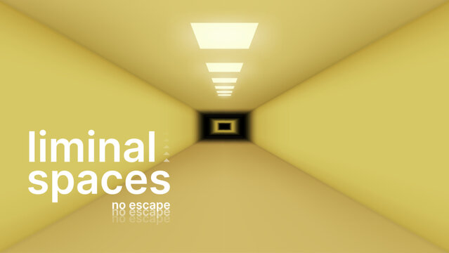 Empty yellow corridor with light panels on ceiling representing liminal space. Backroom concept with endless hallway perspective. Surreal digital art for eerie psychological