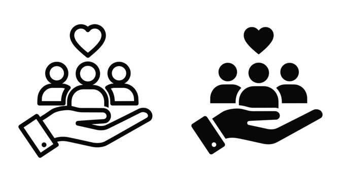Hand holding group of people with heart icon representing community care charity support social work protection family teamwork and kindness