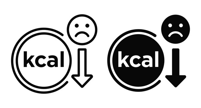 Low calorie icon set with kcal text downward arrow and sad face representing diet weight loss nutrition and energy deficit