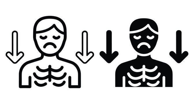 malnutrition icon set showing sad person with visible ribs and downward arrows representing weight loss hunger starvation and health problems