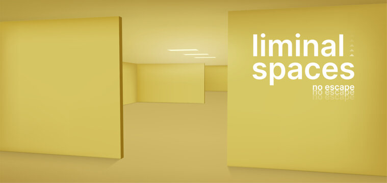 Liminal space empty yellow room with text. Backroom hallway concept with creative typography. Digital vector illustration showing surreal architecture and infinite hallway corridor background.
