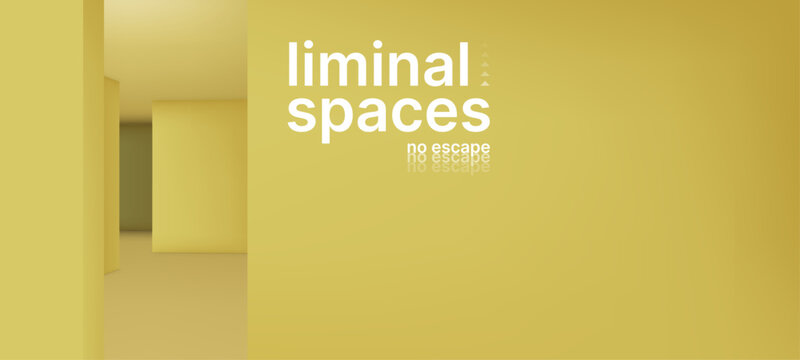 Liminal space with yellow wall corridor in modern building interior. Backroom environment with text overlay. Surreal architectural design architecture concept for digital art