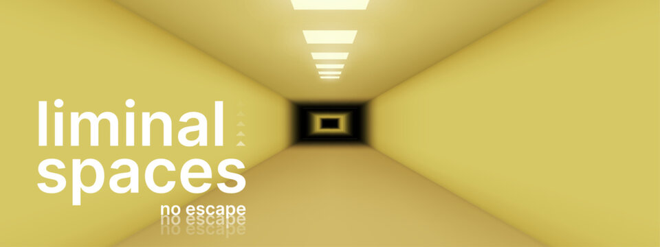 Empty yellow corridor showing liminal space concept. Endless office hallway with bright ceiling light. Surreal architectural environment representing backroom mystery and loneliness. Vector graphics.