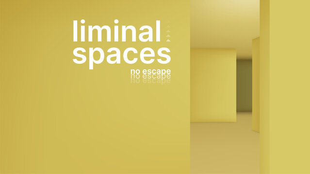 Liminal space background with minimalist yellow walls and geometric text. Eerie architectural construction for horror and mystery concept. Abstract surreal interior design render. Vector graphics.
