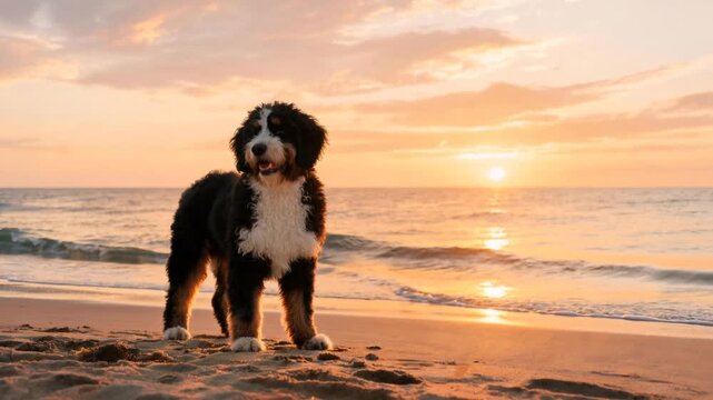 bernedoodle on the beach golden light video, dog, carmel beach california us