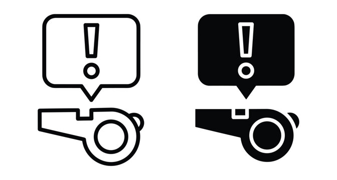 Whistleblower icon set with whistle and exclamation mark speech bubble for reporting misconduct alert signal warning notification and sports referee symbol
