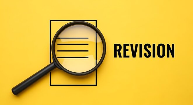 Revision text on yellow background with magnifying glass, document review and editing concept, business proofreading and quality control