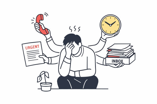 Overwhelmed man with multiple arms juggling tasks and deadlines stress multitasking