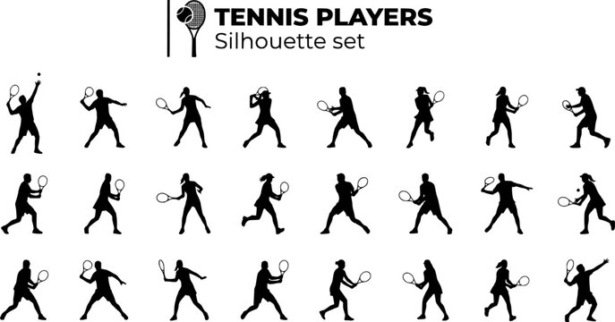 Tennis Player Silhouette Set Black White Sport Bundle Vector Illustration Isolated White Background