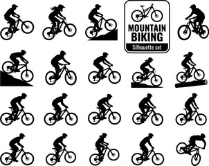 Fototapeta premium Cycling Mountain Bike Silhouette Set Black White Sport Bundle Vector Illustration Isolated White Background
