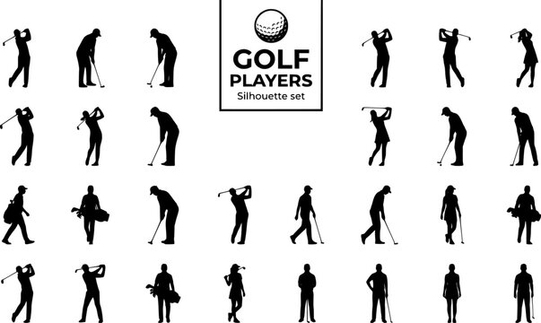 Golf Player Silhouette Set Black White Sport Bundle Vector Illustration Isolated White Background