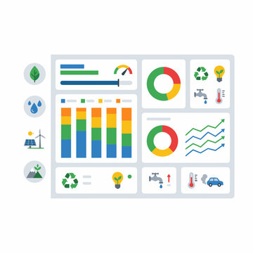 A colorful vector graphic illustrating various eco-friendly and business-related icons and charts