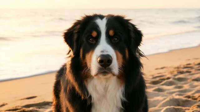 bernese shepherd at the beach close up on composition golden light video, dog, scheveningen netherlands