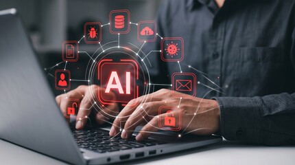 Naklejka premium Business professional utilizing a laptop with artificial intelligence icons and network connections for enhanced data security and automation in a modern workspace