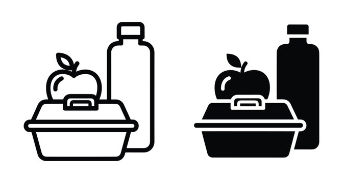 Lunch box icon set with apple and water bottle for school meal prep healthy eating snack container and drink bottle